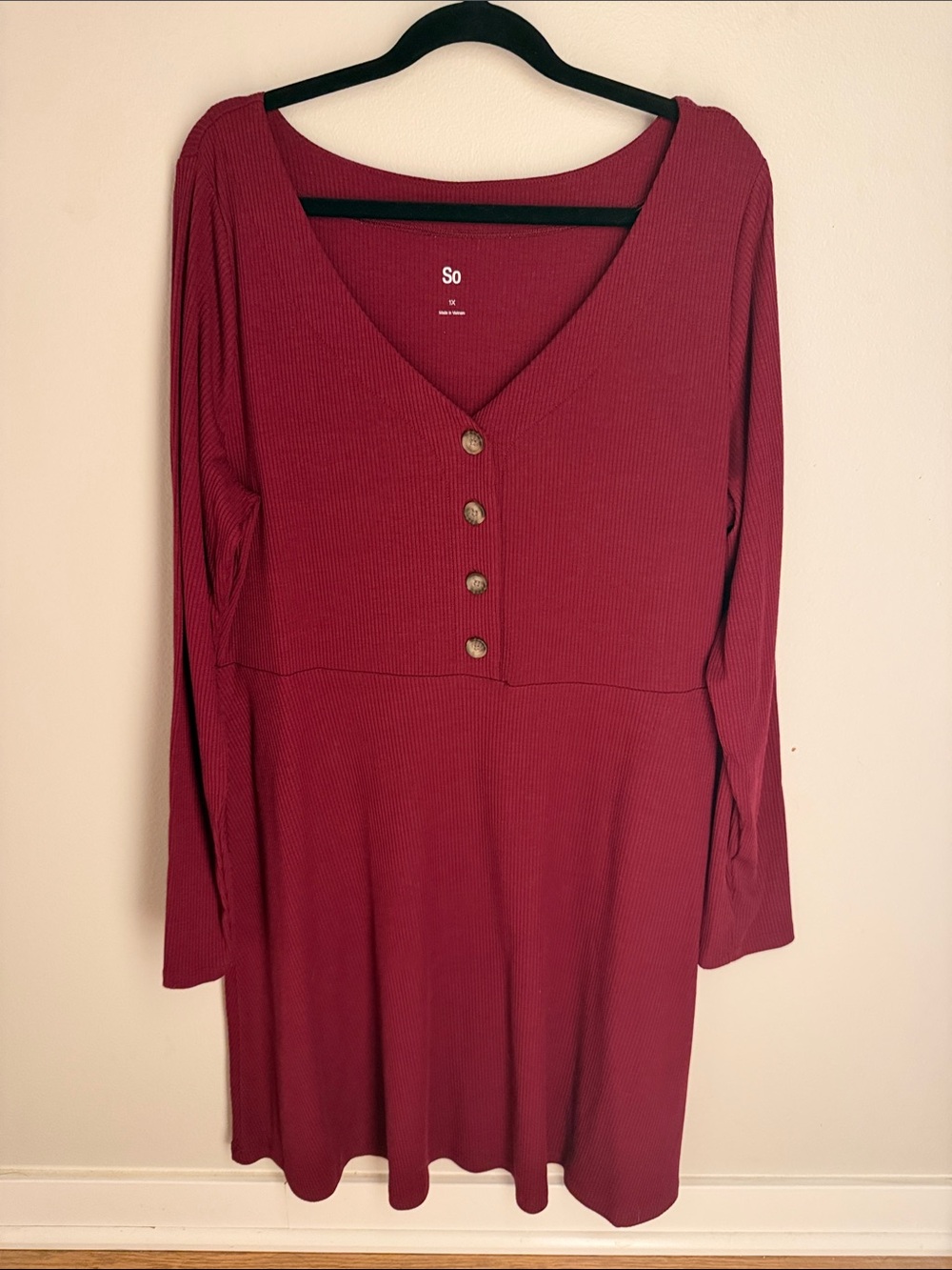 SO Wine Ribbed V-Neck Button Front Dress